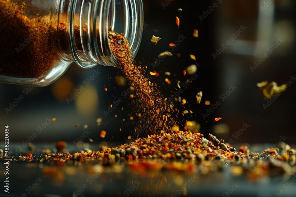 Poster Spilled spice jar showcasing assorted spices in dynamic motion, capturing the vibrant colors and textures against a blurred background for a visually impactful scene.