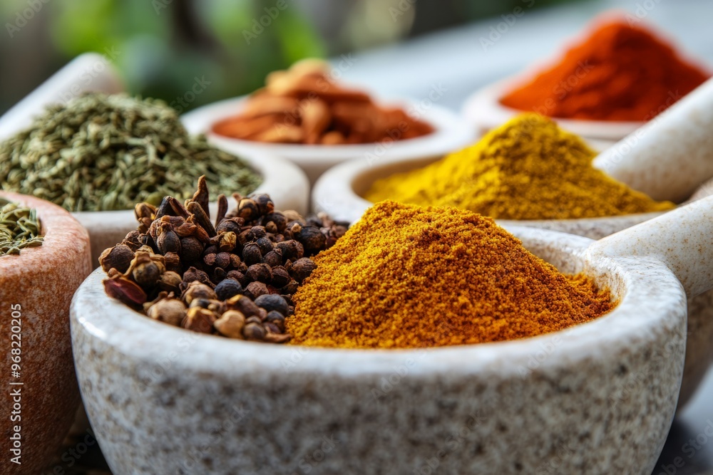 Poster assorted colorful spices neatly arranged in white bowls, showcasing rich textures and vibrant hues, 