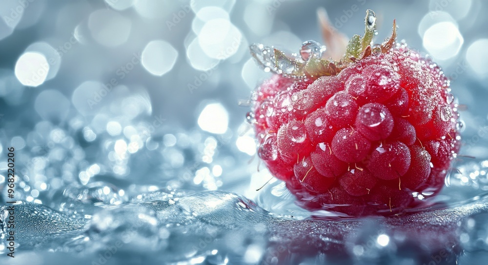 Poster fresh raspberry surrounded by water droplets on a reflective surface in soft natural light
