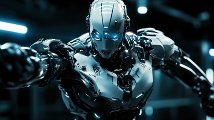 Fototapeta premium A White Metallic Robot with Blue Eyes in a Dark Industrial Setting