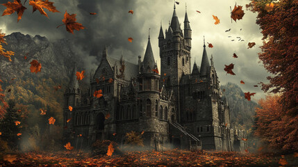 Fototapeta premium A spooky castle with autumn leaves falling around it.