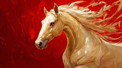 Simple stroke of golden horse illustration silhouette on red background, of Chinese new year, year of the horse