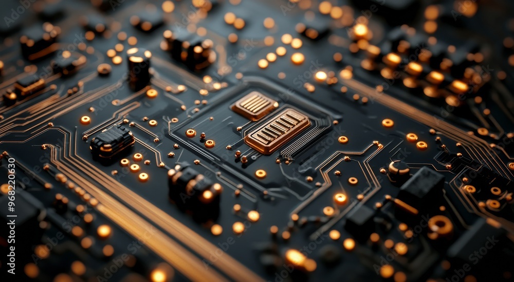 Aufkleber detailed view of a glowing microchip on a circuit board showcasing advanced technology