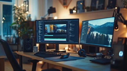 Naklejka premium Video Editing Workspace with Mountain Lake Wallpaper