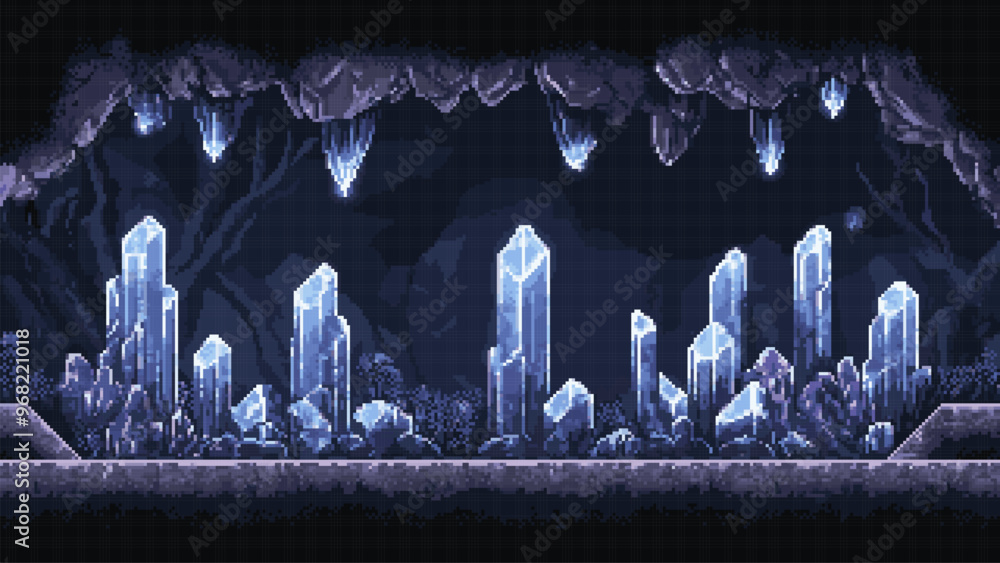 Poster pixel art retro game level, 8 bit crystal cavern, 2d video game background, underground cave and wit