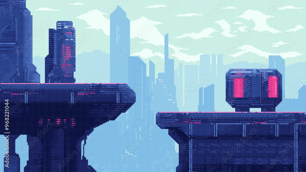 Poster pixel art sci fi city, cyberpunk game level background, 8 bit image futuristic cityscape, 2d pixel r