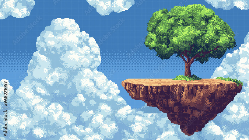 Poster pixel art floating island, 8 bit game level background, 2d retro video game image, flying platform with tree, clouds. vector illustration