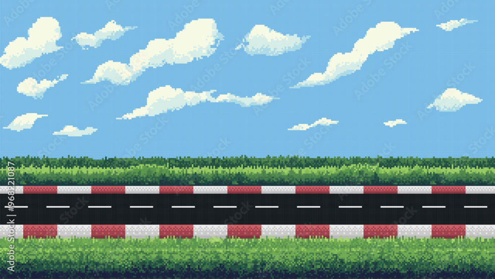 Poster pixel art racing game level background, pixel retro design, 8 bit image, 2d racing track, grass and 