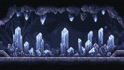 pixel art retro game level, 8 bit crystal cavern, 2d video game background, underground cave and with rocks and platform. Vector illustration