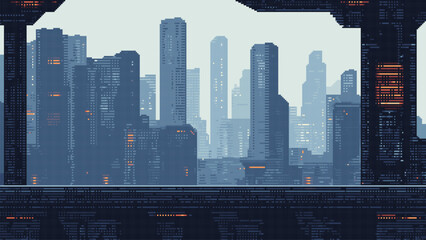 pixel art sci fi city, cyberpunk game level background, 8 bit image futuristic cityscape, 2d pixel retro design, skyscrapers, city lights, platform, vector illustration © hiten666