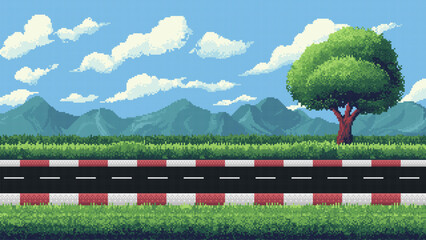 pixel art racing game level background, pixel retro design, 8 bit image, 2d racing track, among grass and mountains, blue sky, race arcade vector illustration © hiten666
