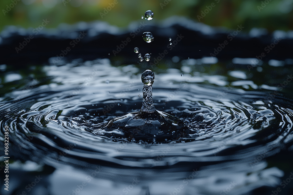 Poster a slow-motion capture of a droplet breaking the surface of a still pool, sending out intricate rippl