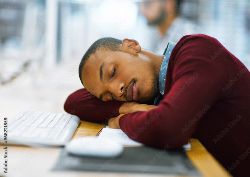 Poster Man, college student and sleeping on desk at library with burnout or tired with research for assignment deadline. Male person, university learner and exhausted with studying for exams or assessment