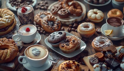 photo showcasing a cozy morning coffee scene with an assortment of cookies, donuts, cakes, cupcakes