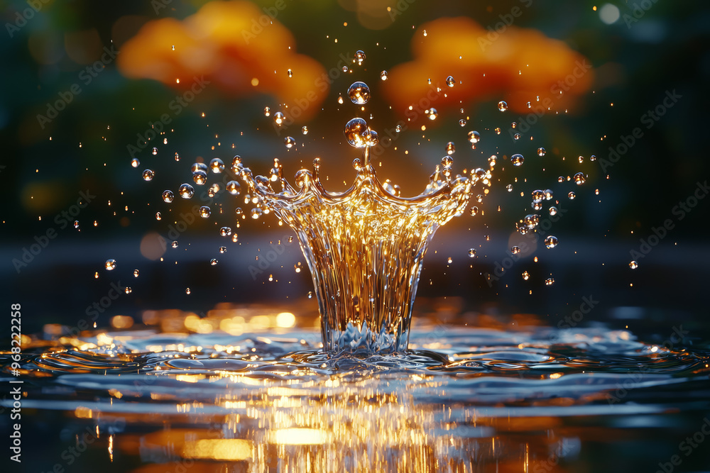 Poster a sequence of droplets from a fountain sparkling in sunlight, each reflecting a different spectrum o
