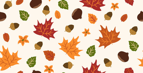 Seamless pattern of beautiful fall leaves. Vector illustrations to be used in print or digital: greeting cards, stationery, posters, branding, web design, social media posts.