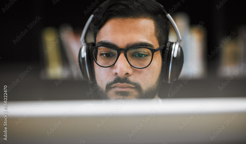 Aufkleber man, education and computer lab in university with headphones, project and deadline in it course. ma