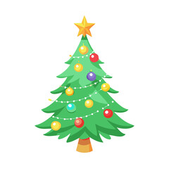 Fototapeta premium Brightly decorated Christmas tree with star and colorful baubles, festive mood, isolated on white background, copy space