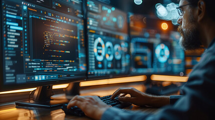 A man works in a dark office in front of computer monitors. Graphs, tables, cyclograms.