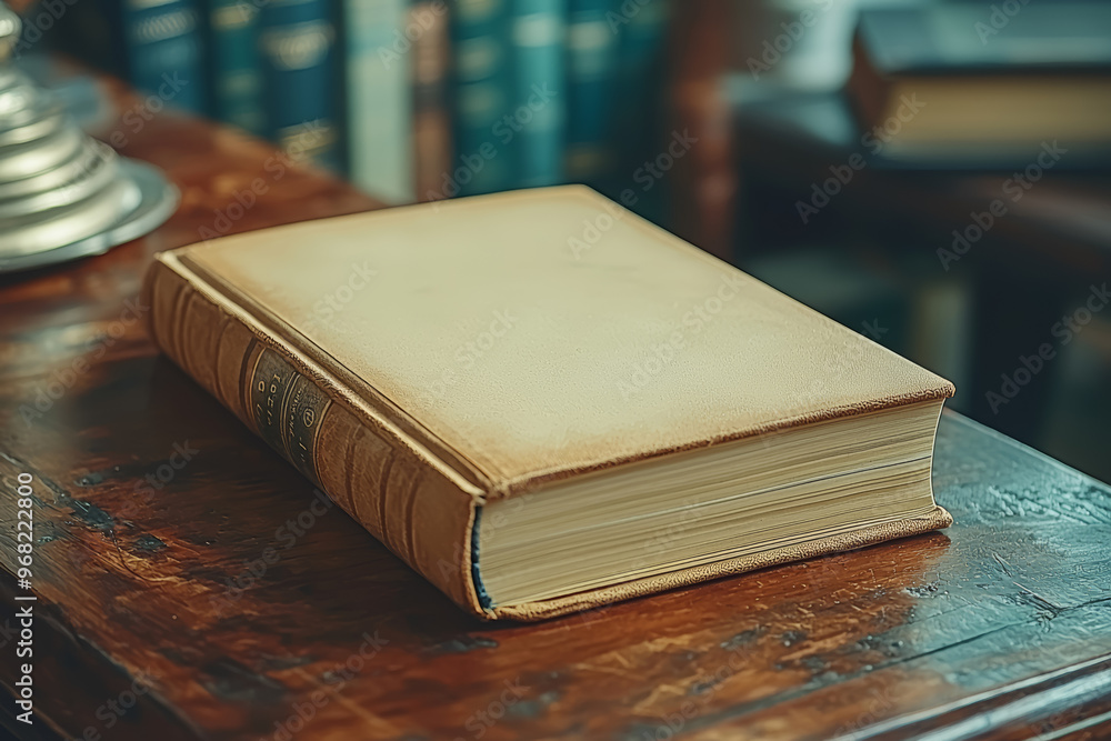 Poster a plain, beige notebook with an unmarked cover resting on a desk, emphasizing simplicity in producti