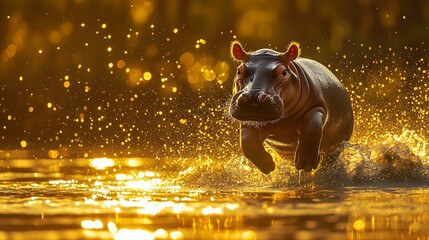 Hippopotamus Running Through Water with Golden Sunset Reflection.