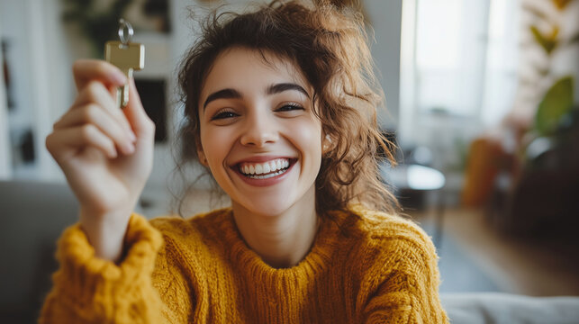 Joyful woman shows off her new house keys, radiating happiness, excitement, and pride in becoming a homeowner. Anticipating a promising future