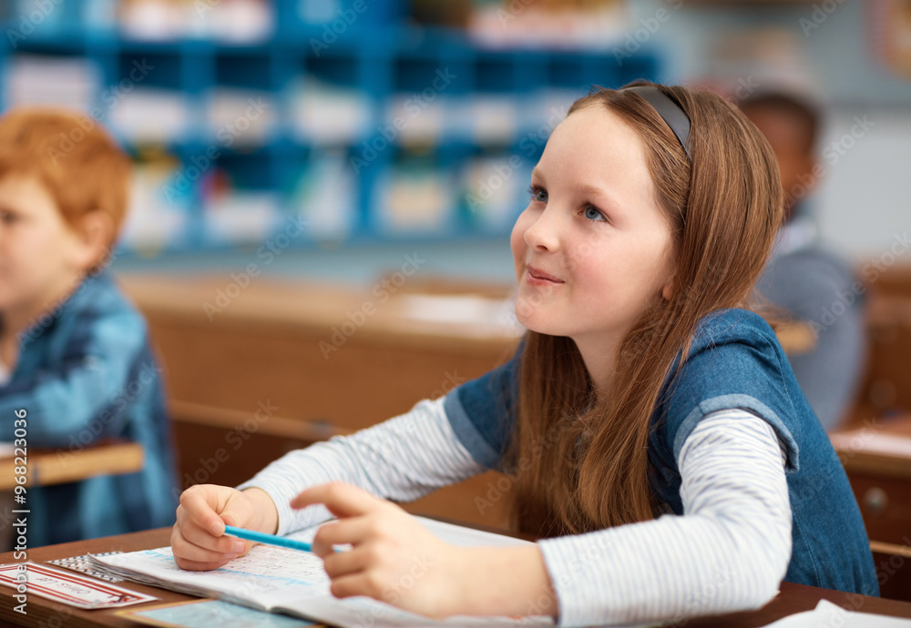 Poster School, kids and girl in classroom with attention for growth, child development and stationery for education. Study, learning and students with notebook for knowledge, exam notes and smile at desk