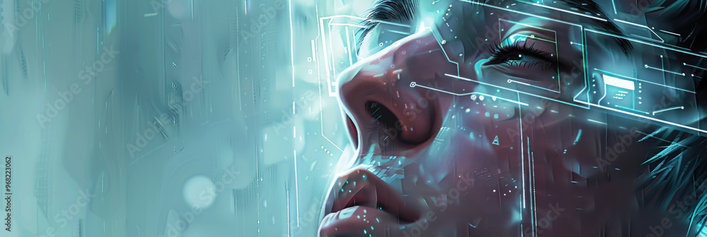 Poster a person with closed eyes is depicted, surrounded by glowing digital patterns and soft light, creati