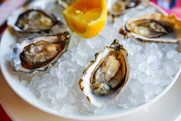 Image of fresh opened oyster on ice with lemon wedge and orange slice. Isolated on white background. Great for seafood restaurants, food blogs, healthy eating concepts, and more.