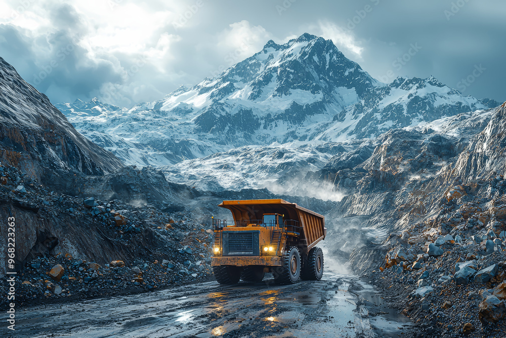 Poster a mining operation with heavy equipment extracting minerals from the earth, showcasing resource extr