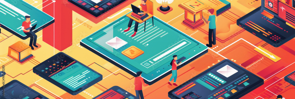 Poster people are interacting with various digital devices in a colorful, tech-savvy environment that highl