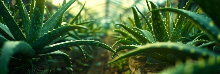 Aloe Vera plants flourishing in a greenhouse, highlighting their lush green foliage and nurturing