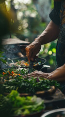 Obraz premium A chef focuses on chopping fresh herbs and vegetables in a lush outdoor kitchen, surrounded by nature, capturing a culinary moment
