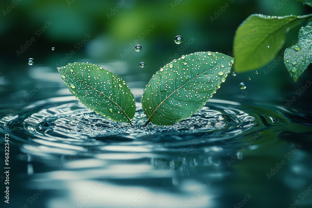 Poster a group of droplets falling from a leaf in unison, creating a rhythmic, repetitive pattern. concept 