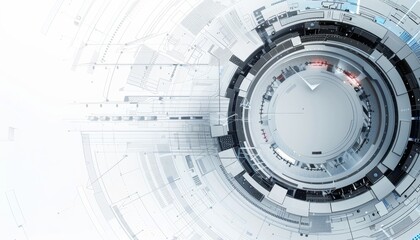 Abstract grey and white tech background with diverse elements, featuring a circular empty space for