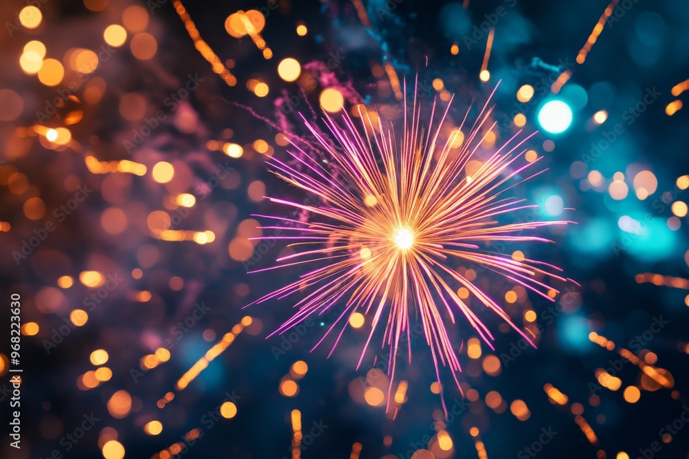 Poster an intense close-up of a fiery firework radiates colorful sparks and streaks of light, capturing the