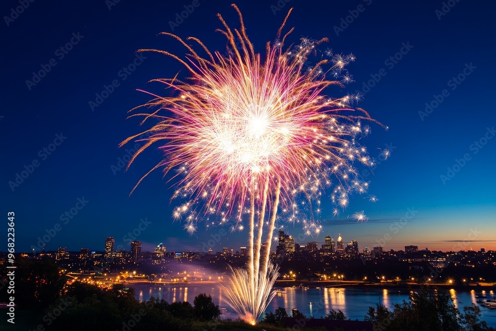 Poster this image displays multiple fireworks bursting over a cityscape at night, creating a mesmerizing sh