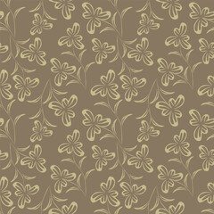 Small colorful flowers and brown flowers, hand drawn. Seamless on a light yellow background. Designed for fabric, fashion, textiles, wallpaper,