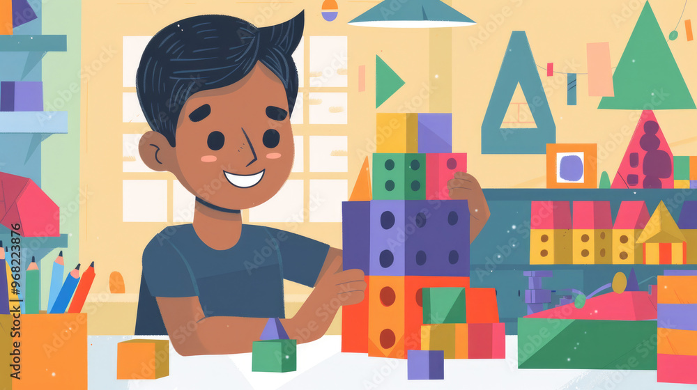 Poster a cheerful child constructs a colorful tower with various shapes and sizes of building blocks in a l