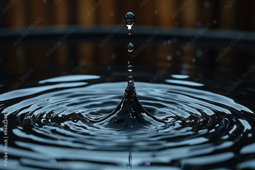 Poster a droplet falling into a dark, reflective surface, creating a sudden splash that distorts light in a