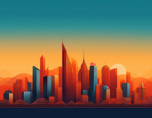 Fototapeta premium Modern cityscape with skyscrapers shining during golden hour sunset, with a gradient sky from blue to orange