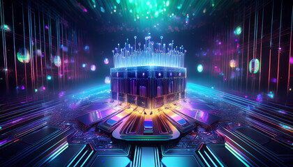 Futuristic quantum computer is processing data with light beams traveling across a motherboard