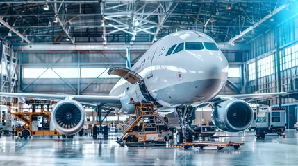 Rolgordijnen zonder boren Commercial airplane under maintenance in hangar with technicians and tools in action © Oleg