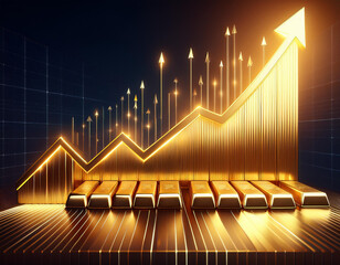 Increasing gold price represented by a gold arrow going up supported by gold bars