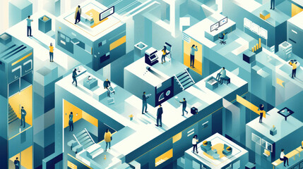 Obraz premium Professionals collaborate and focus on their work within a vibrant and dynamic office layout featuring multiple levels and workstations