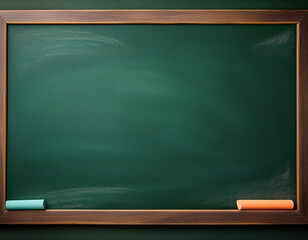 Blank green chalkboard with chalk is waiting for a teacher to start the lesson in a classroom