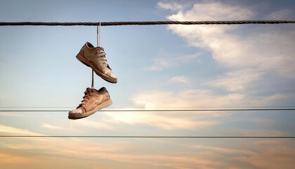 Old Shoes hanging on electrical wire against a sky background. Shoe tossing while laces tied together to spin them around a suspended power line. discard throw away old tennis sneakers or work boots