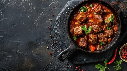 Beef goulash cooked in cast iron skillet on dark stone background with space for text. Overhead view