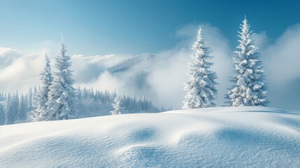 Fototapeta premium Fluffy spruce trees blanketed in snow standing in a bright white field under a clear blue sky winter Scandinavian landscape banner
