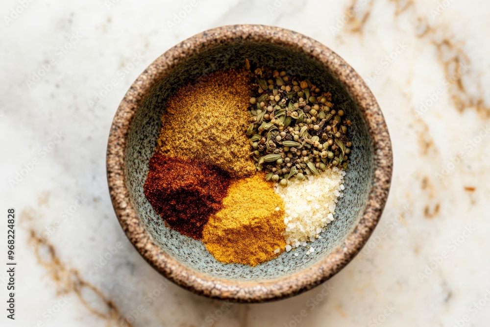 Poster a top-down view of a stone bowl containing a variety of spices placed on a marble surface, showcasin